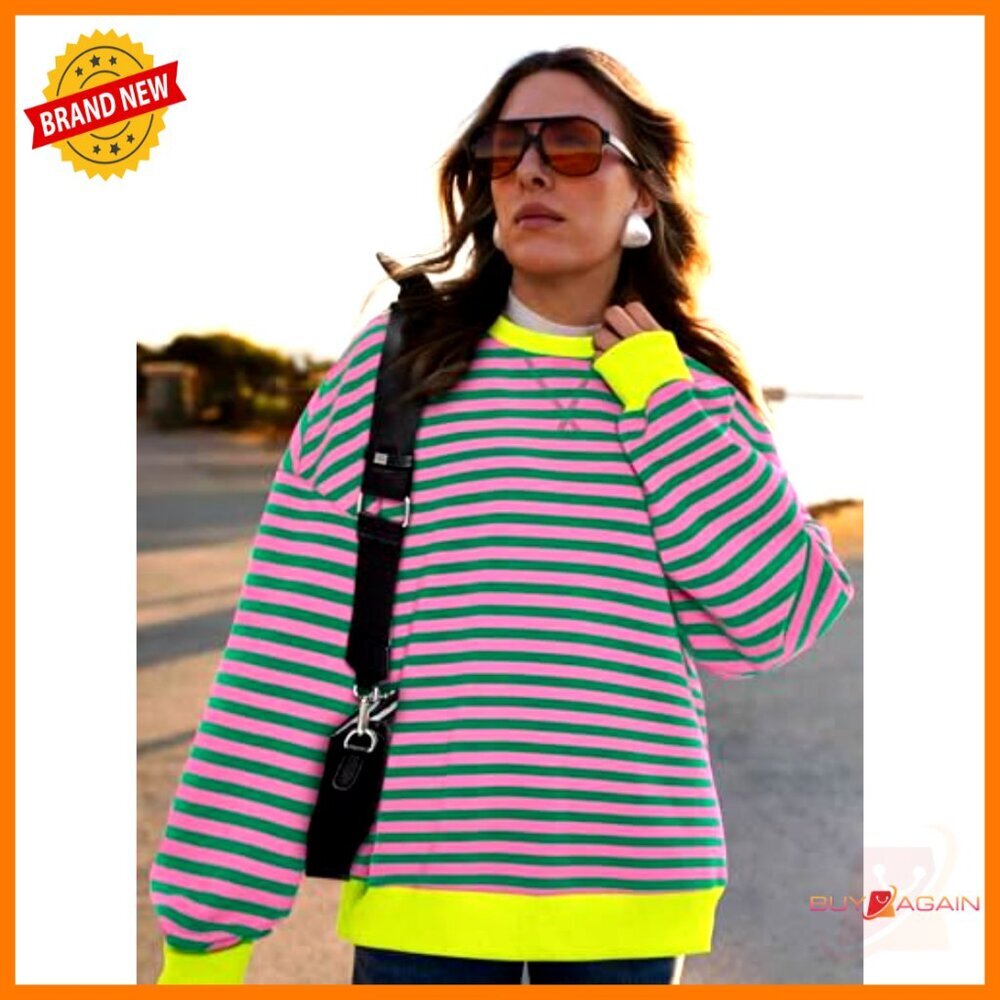 Oversized Striped Sweatshirt, Cotton Blend, Crew Neck, Long Sleeve, Loose Fit - Picture 6 of 7